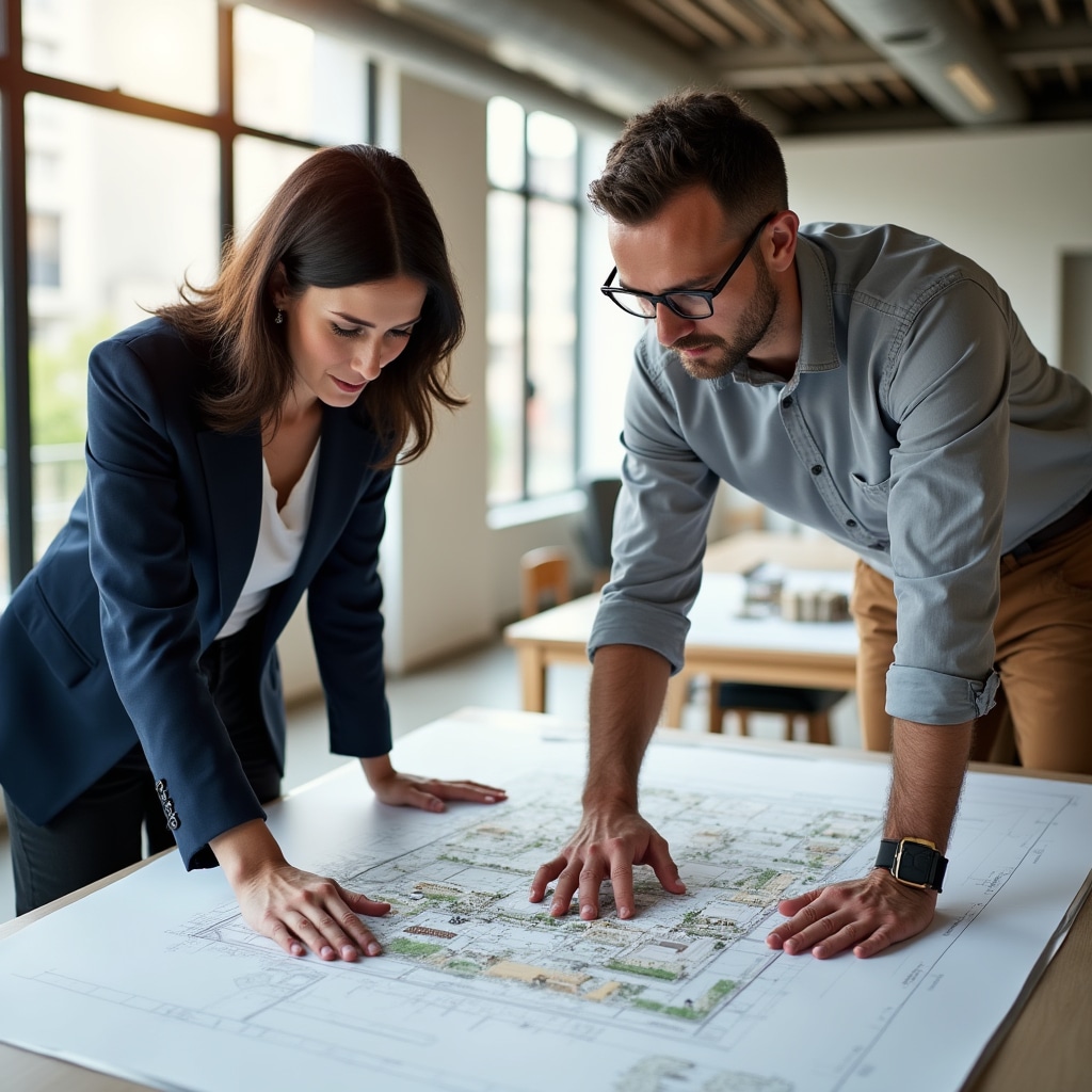 Architects and planners reviewing urban development blueprints on a large table