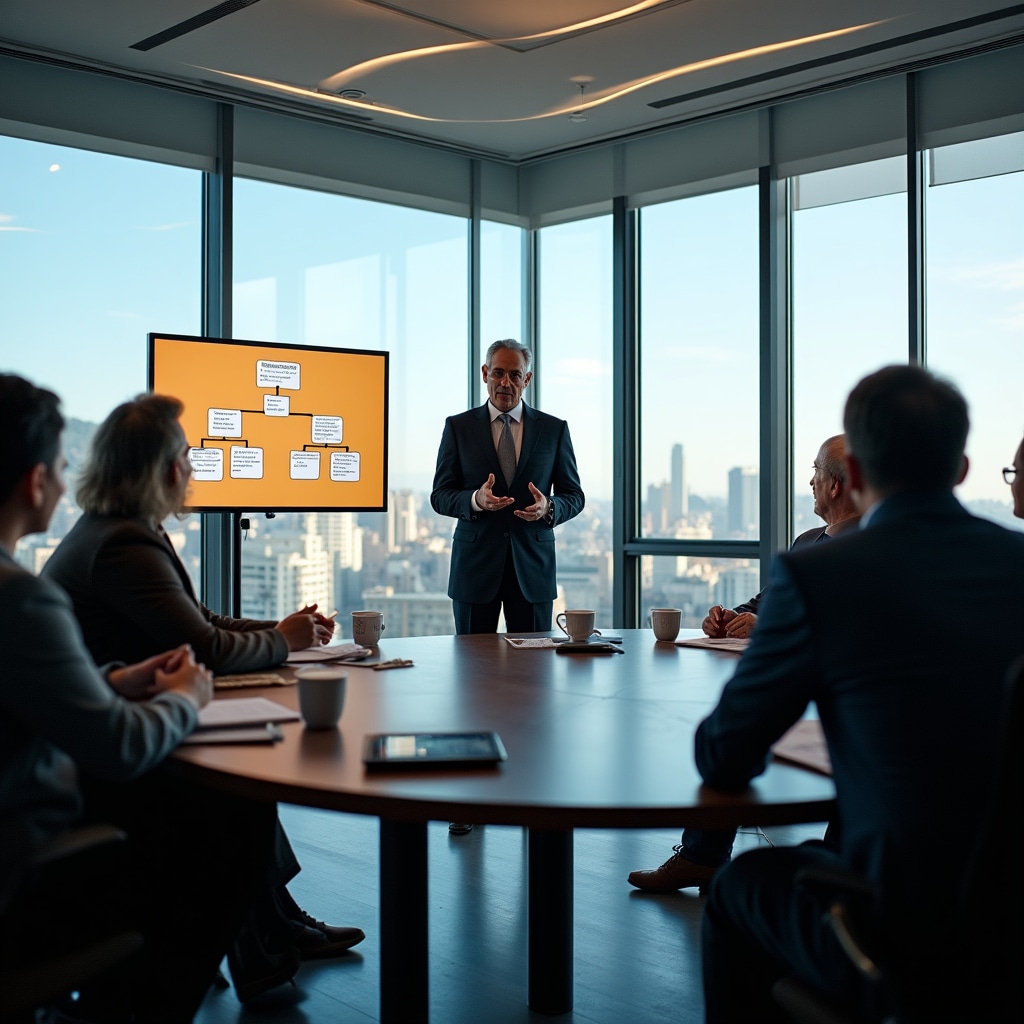 Diverse group of investors seated around a conference table in Buenos Aires discussing a collective real estate project with presentation slides visible