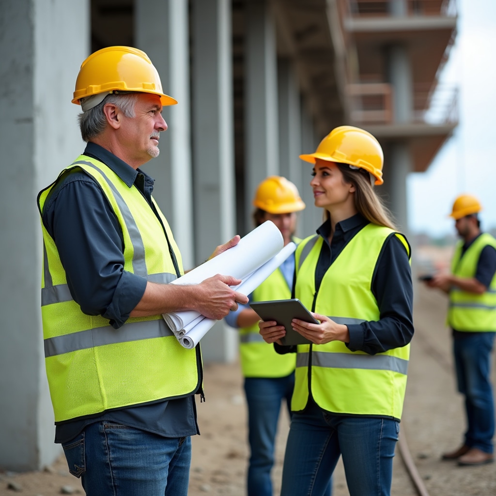 Developer team wearing hard hats standing at a construction site in Argentina reviewing project progress