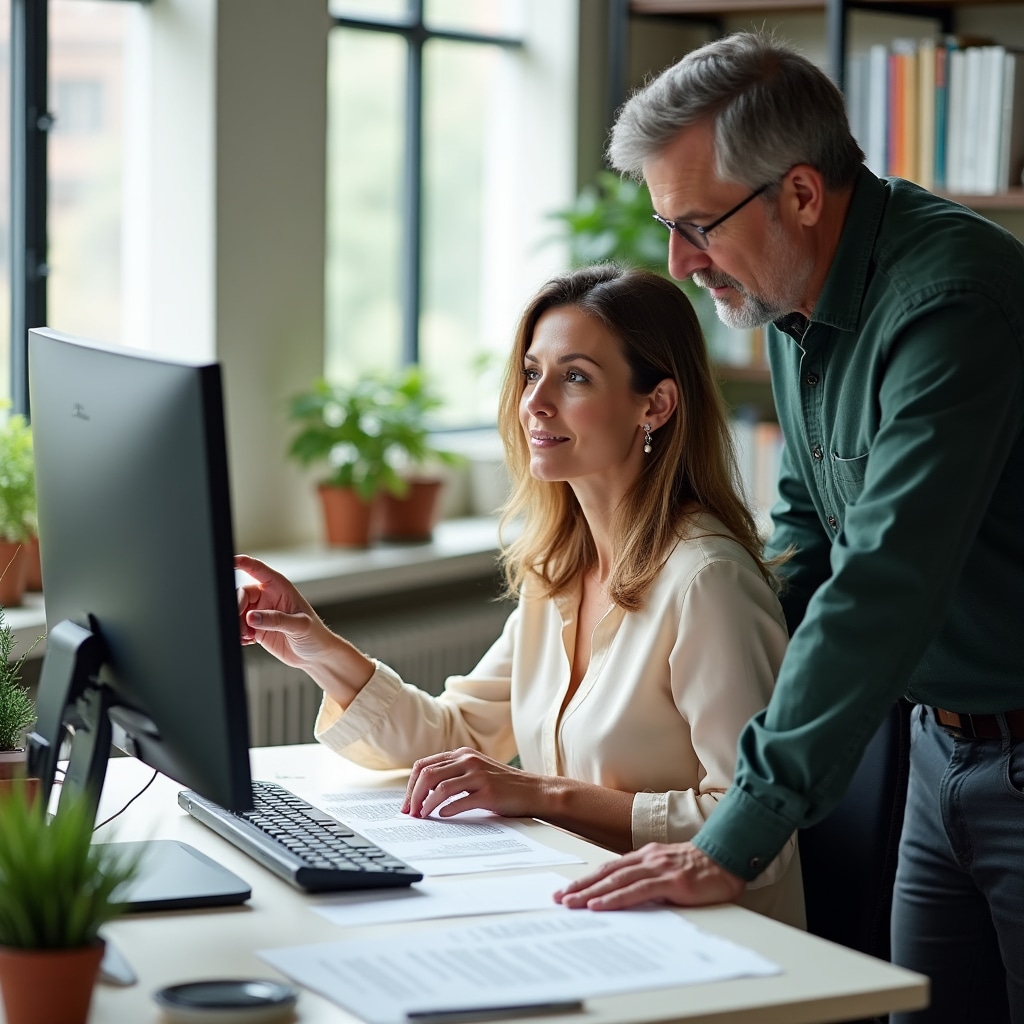 Editorial team in a bright office reviewing content on screens and printed materials spread across a large table