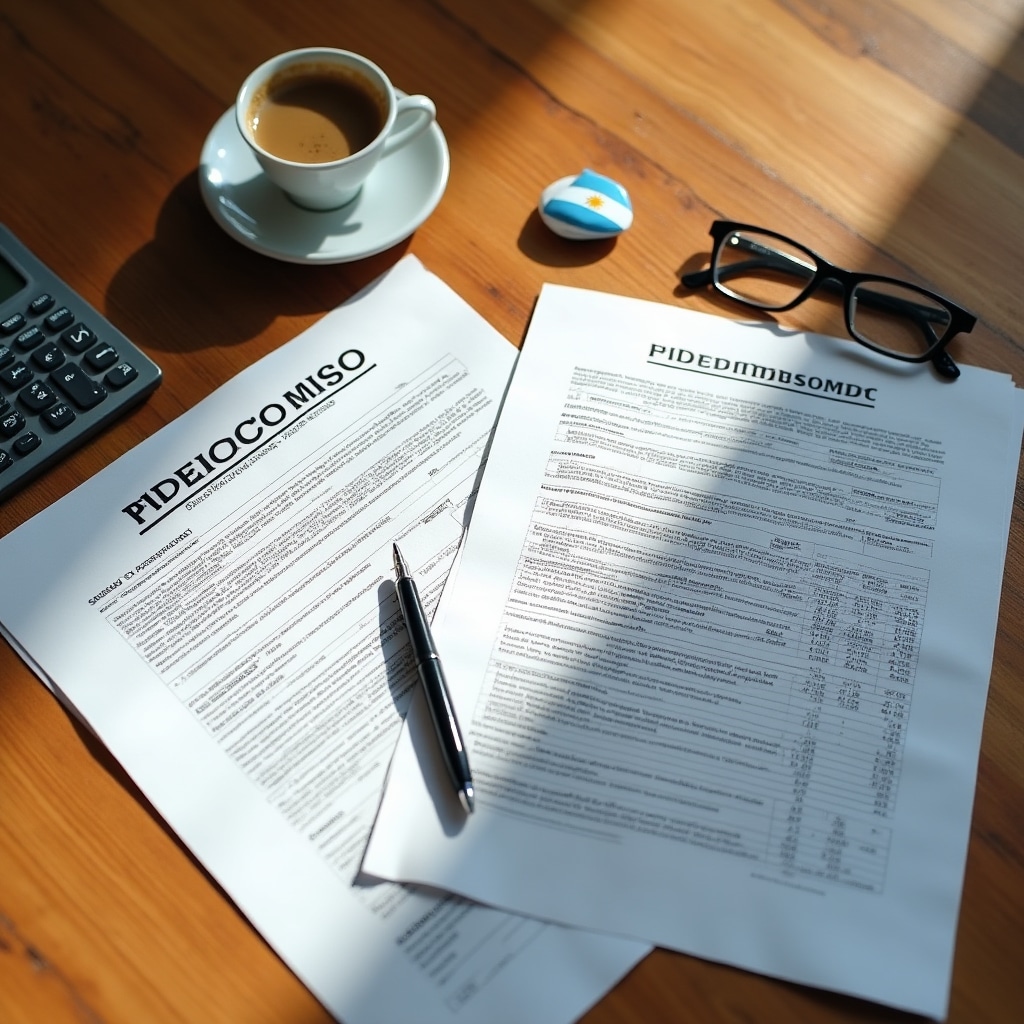 Close-up of financial documents and contracts related to Argentine real estate financing on a wooden desk with reading glasses