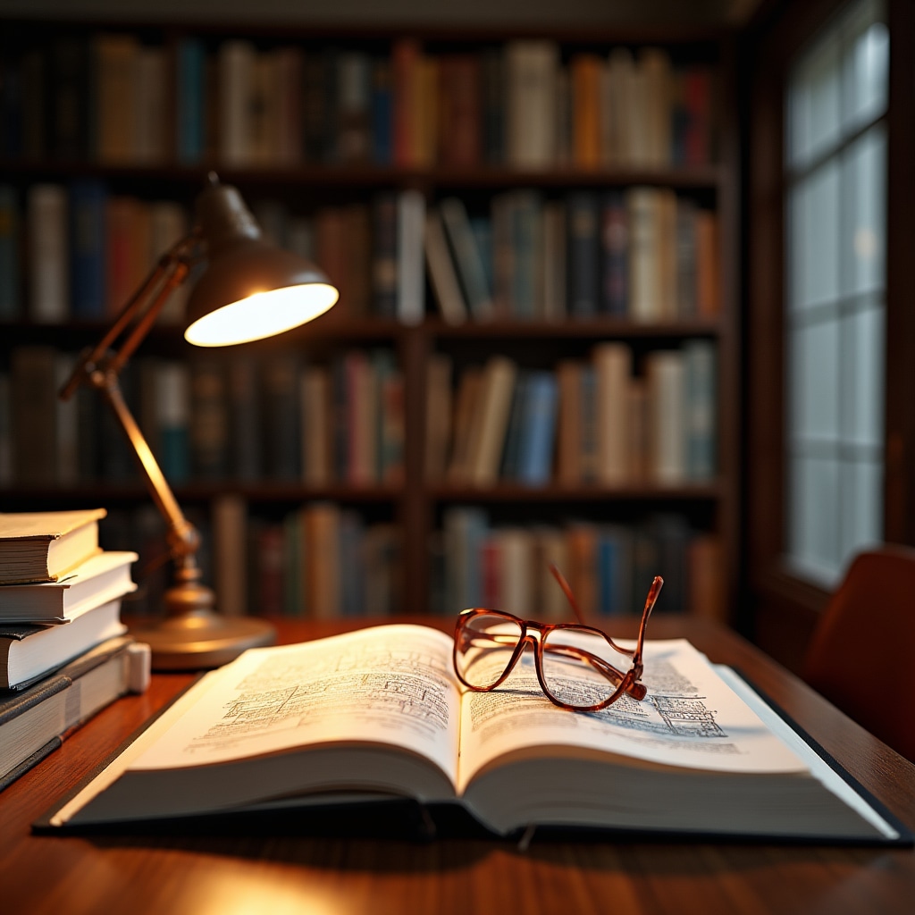 Architecture and urban planning reference books stacked on shelves in a well-lit professional library with warm lighting