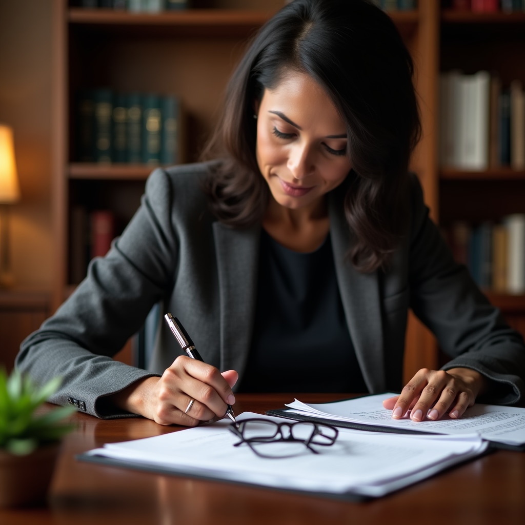 Professional reviewing and signing real estate financing documentation at a desk