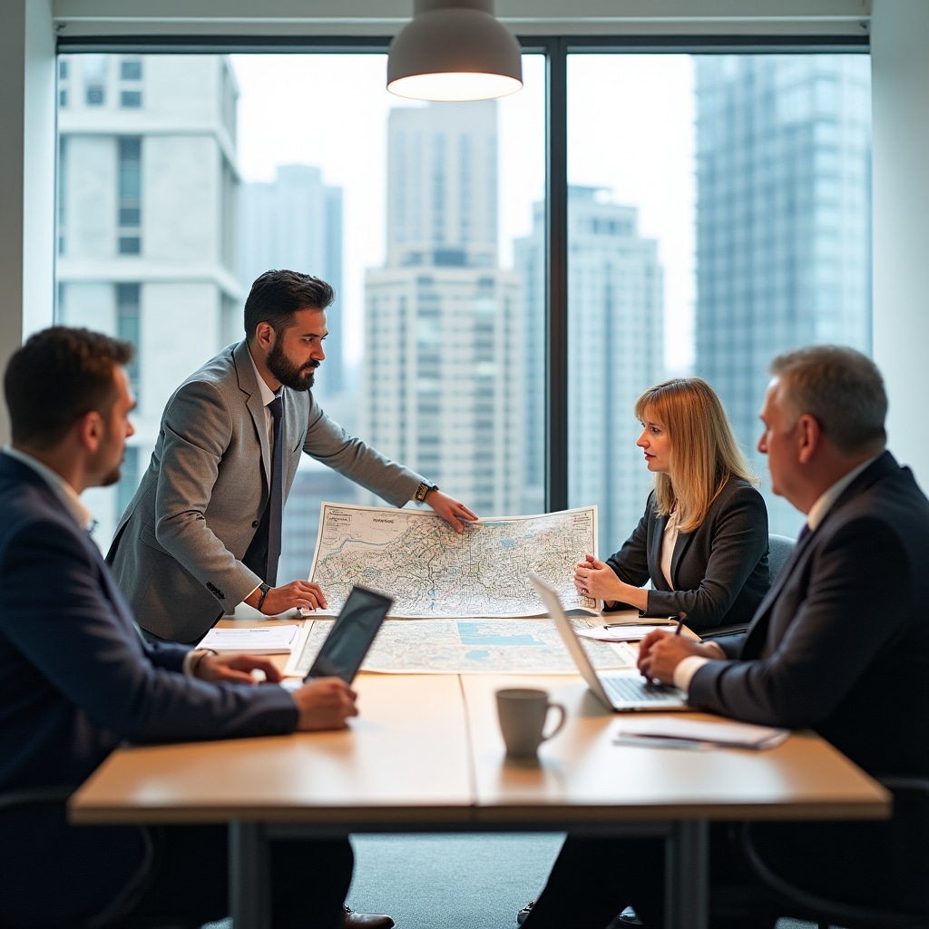 Group of urban planning professionals in a meeting room discussing a development project with maps and documents
